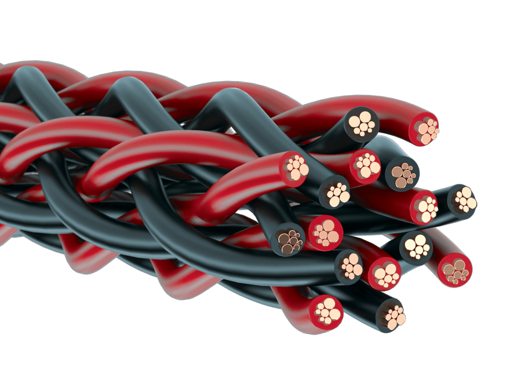 Kimber Kable 8PR VariStrand speaker cable, showing its braided red and black conductors and banana terminations.