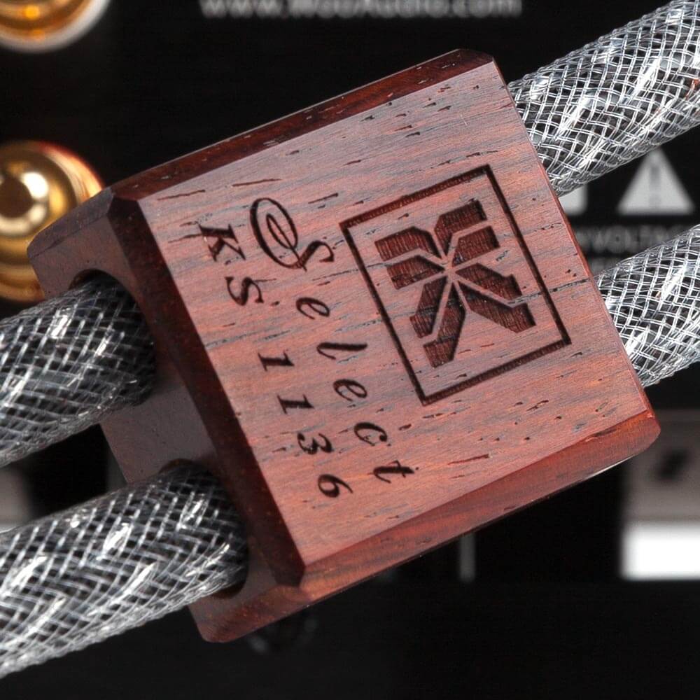 Kimber Kable Select series cable with its engraved hardwood collar.