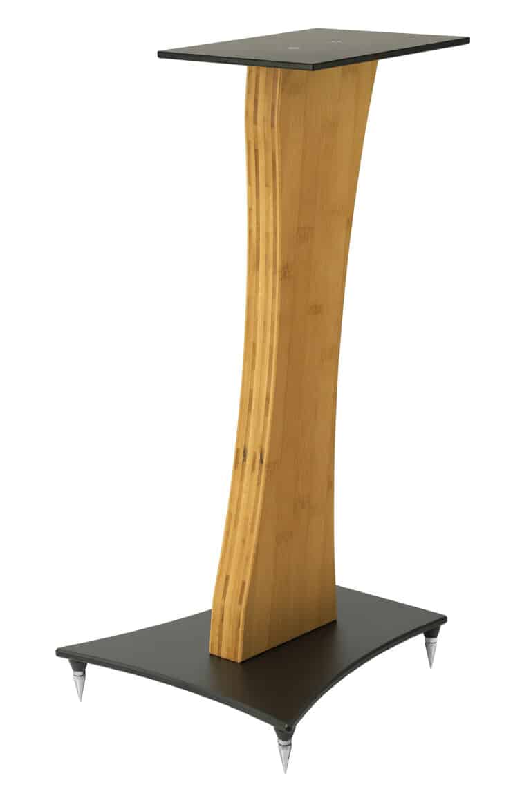 Quadraspire speaker stand with a curved natural bamboo column.