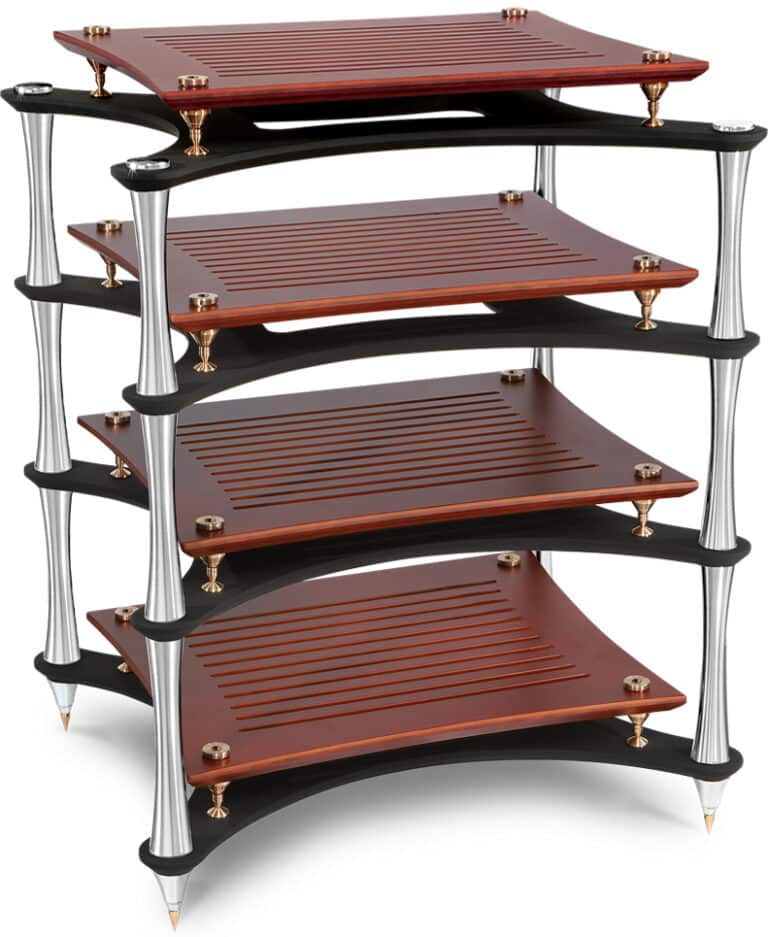 Quadraspire X-Reference rack: four cherry-finished shelves on polished columns.